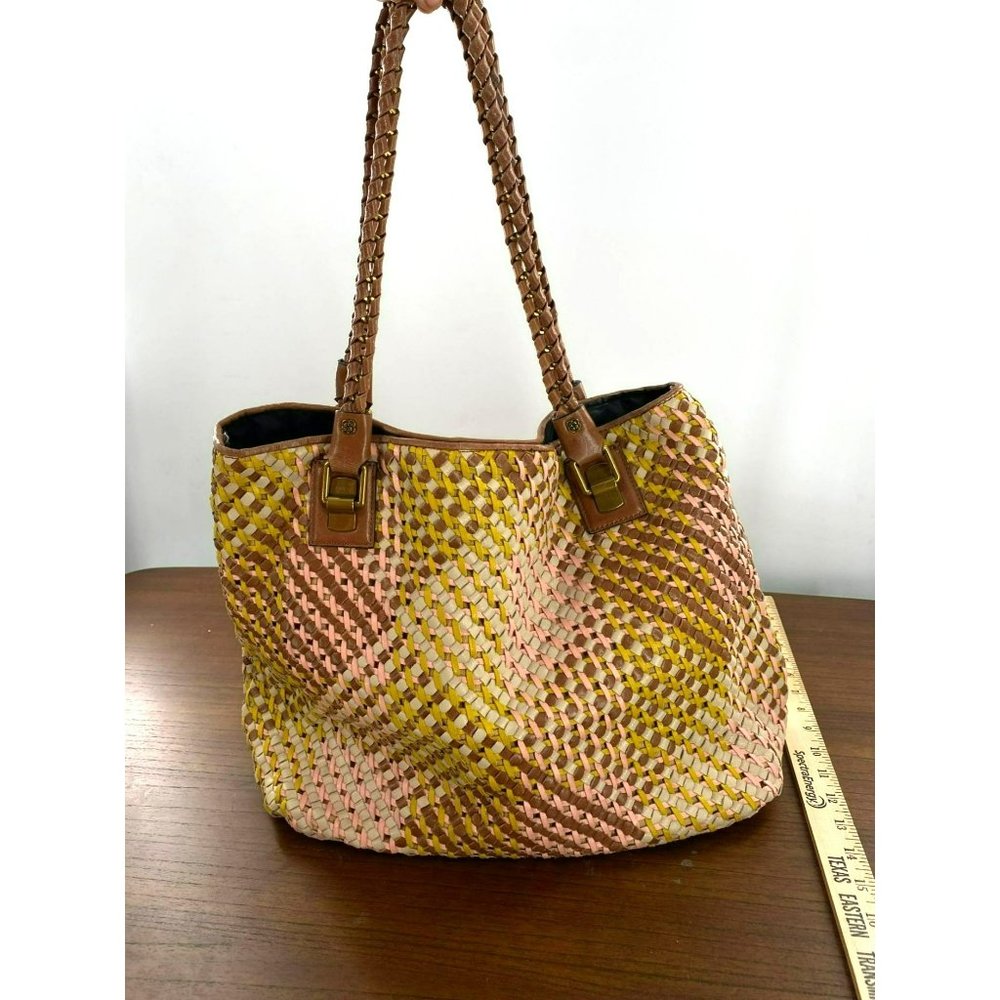 Elliot Lucca Leather Purse Woven Muster Brown